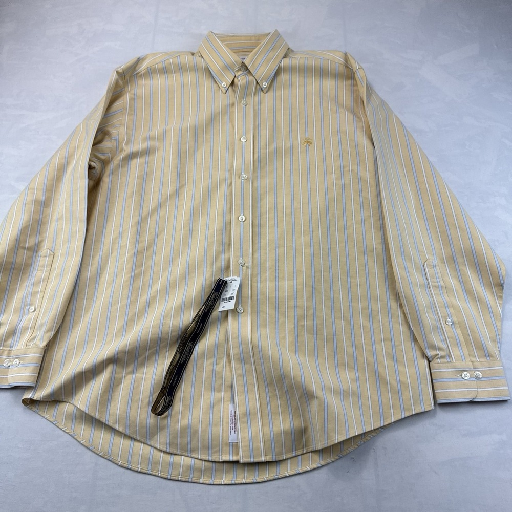 Brooks Brothers Non Iron Dress Shirt Yellow Blue Stripe Button Down L NWT
